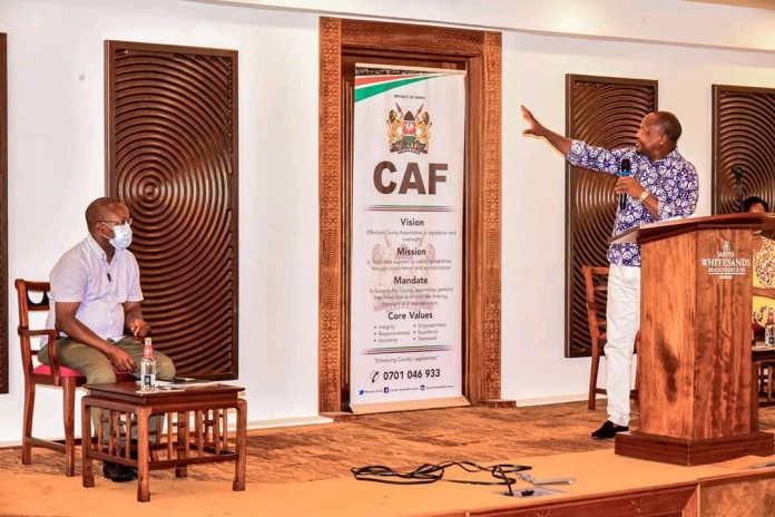 Hon. Ndegwa Wahome With the CS Mutahi Kagwe, who had paid a Courtesy call to the Executive Committee of County Assemblies Forum at Sarova Whitesands Mombasa.