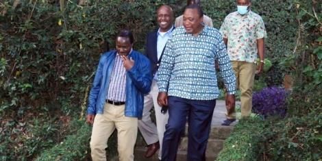 From left Kalonzo Musyoka, Gideon Moi , Uhuru Kenyatta and at the Wiper Party leader's Karen residence on March 18, 2022.