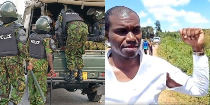 a photo collage of general service unit(gsu) officers during an operation and standard group journalist daniel chege showing of his shirt that was torn by the police.