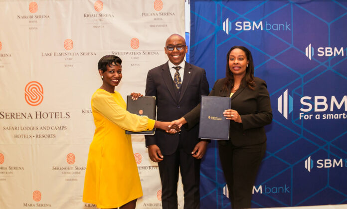 FROM LEFT-Maureen Okore- Regional Marketing Director (in yellow) , Serena Hotels Africa, Anthony Chege- GM Nairobi Serena Hotel, Beth Thuo- Director consumer banking SBM Bank Kenya