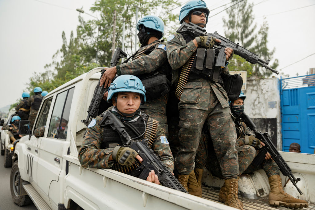 Members of MONUSCO secure the evacuation of non-essential UN staff, following the fight between M23 rebels and FARDC, in Goma