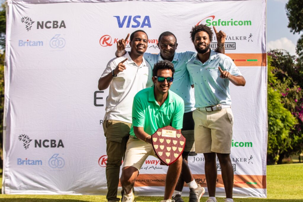 Matthew Wahome, Samuel Chege, Mohit Mediratta and Mutahi Kibugu, Safaricom’s four sponsored professional golfers, pose with their trophy after Safaricom clinched the corporate title at the Professional Golfers of Kenya Equator Tour, finishing top among all corporate sponsors.