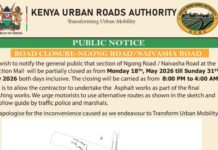 KURA announces 2-week closure of section of Ngong Road near Junction Mall