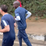 French President Emmanuel Macron goes for a morning run with Eliud Kipchoge on Nairobi streets